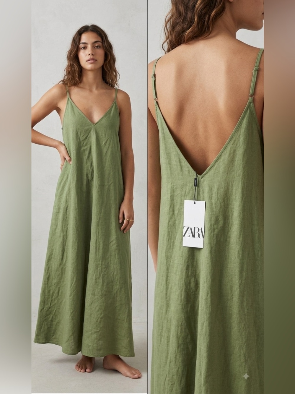 ZARA Olive Green Linen Maxi Slip Dress with V-Back - Picture 1 of 4